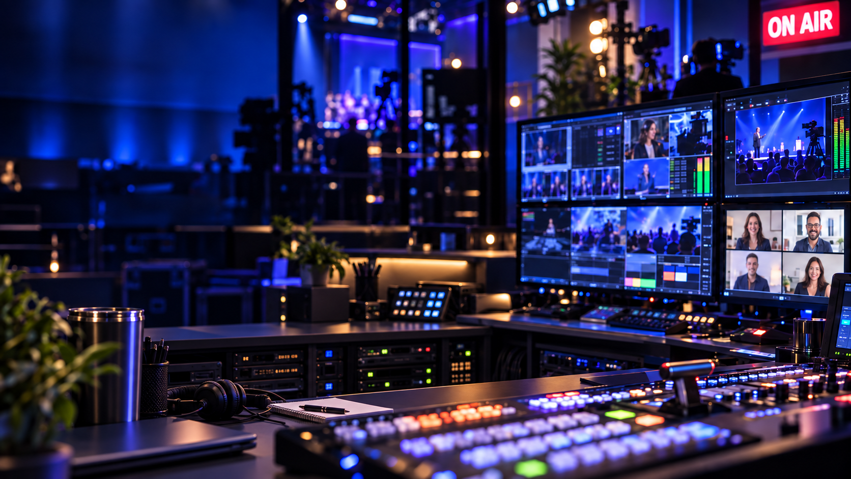 Moni managing a live broadcast from a professional production control room with video switchers and multiview monitors.