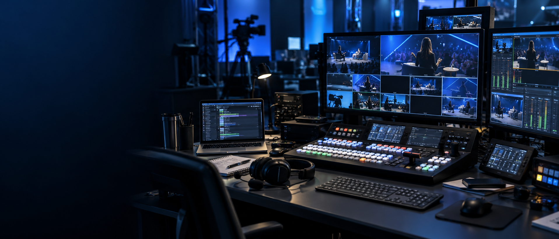 Professional live production desk with monitors, switchers and broadcast equipment for Moni Produces services.